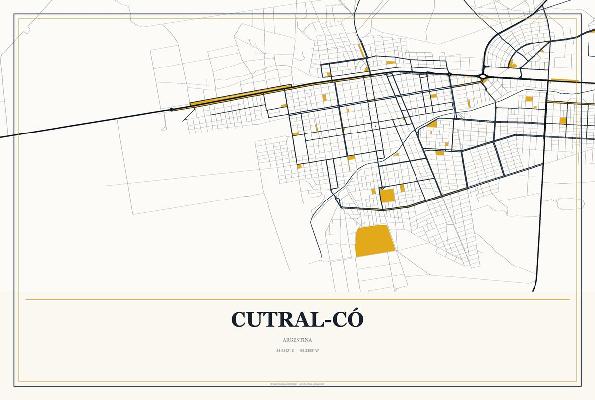 Cutral-Có, Argentina City Map Aluminum Sign in Citrine Modern style