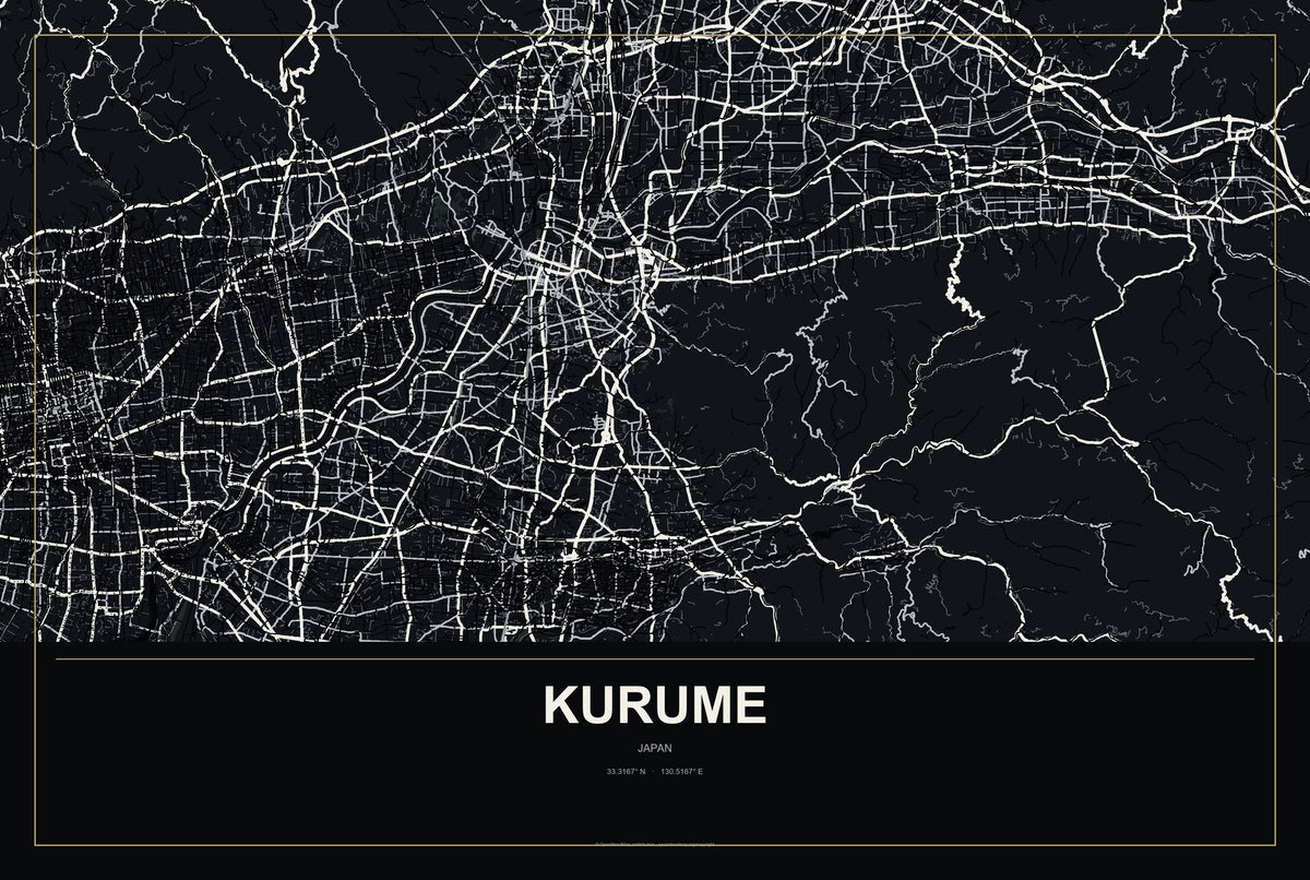Kurume, Japan City Map Aluminum Sign in Metropolitan Noir style