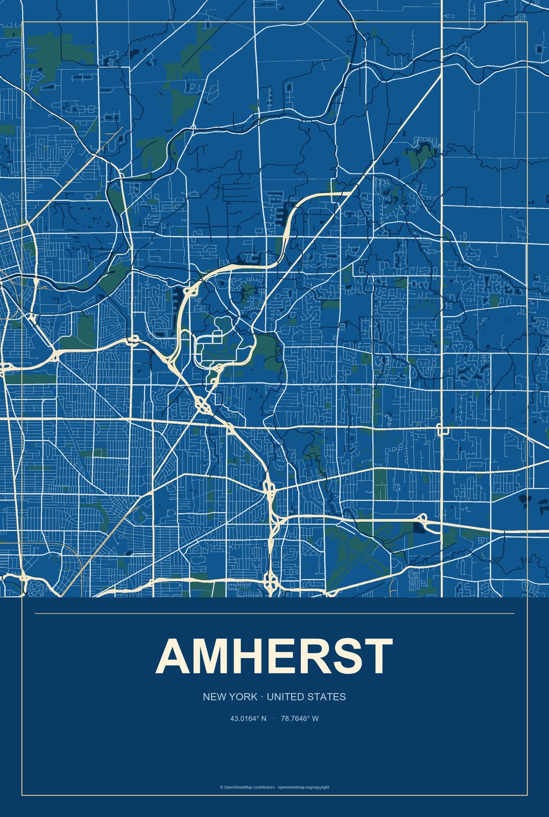 Amherst, New York City Map Aluminum Sign in Harbor Cobalt style