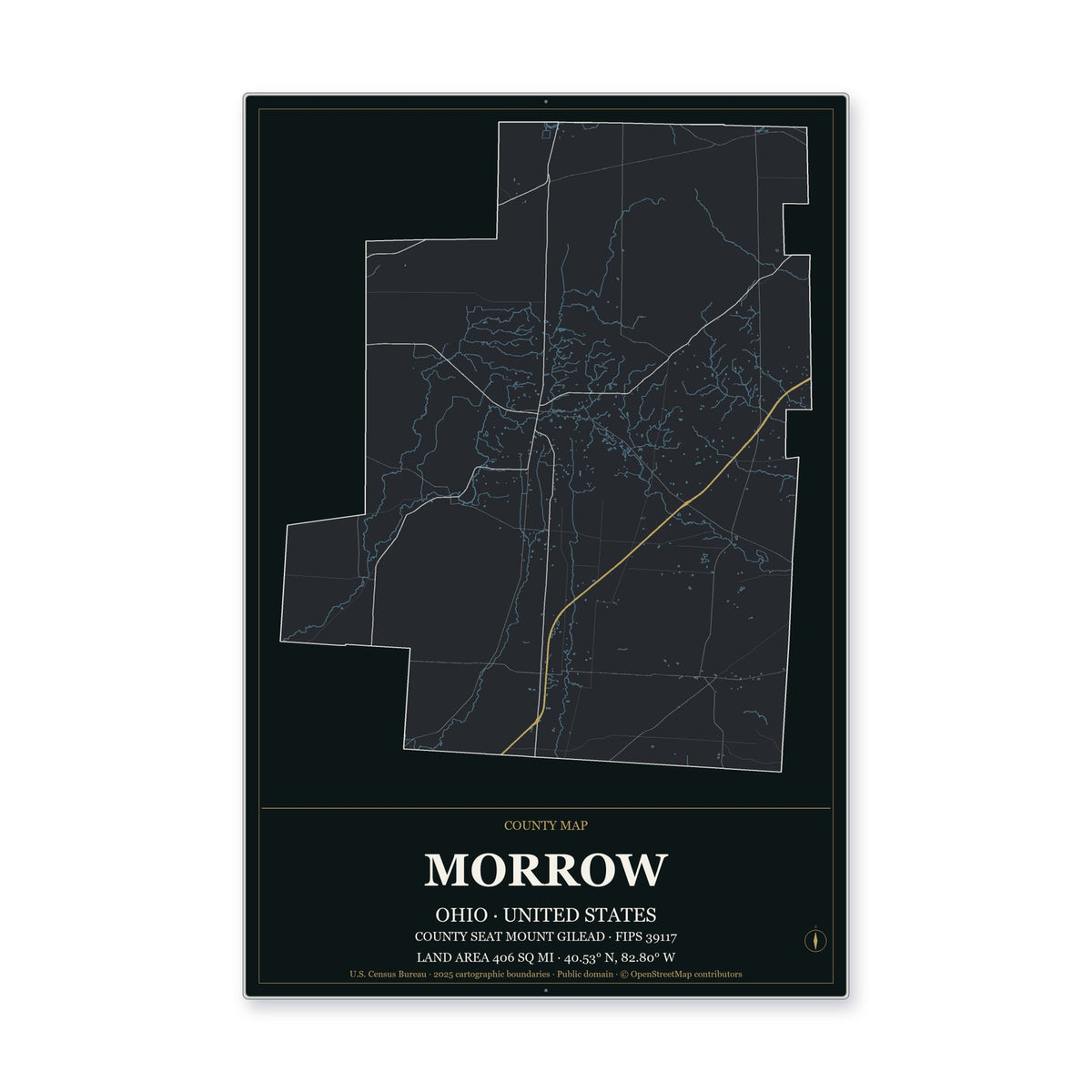 Morrow County, Ohio Map Aluminum Sign in Metropolitan Noir style