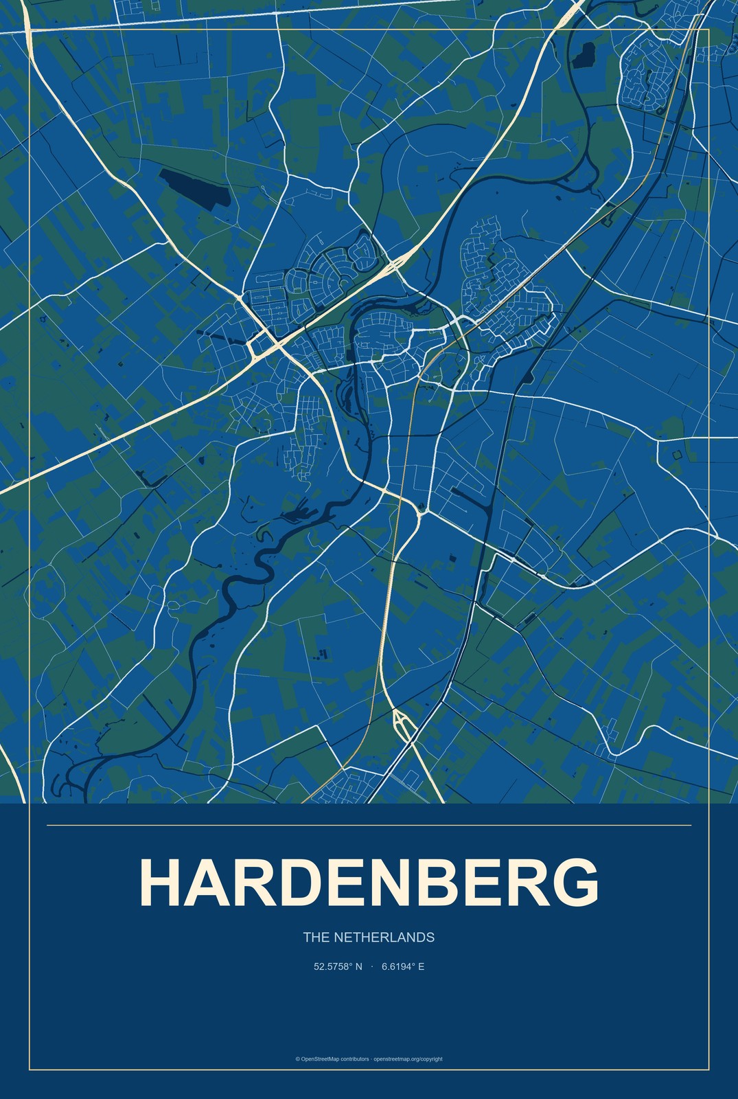 Hardenberg, The Netherlands City Map Aluminum Sign in Harbor Cobalt style