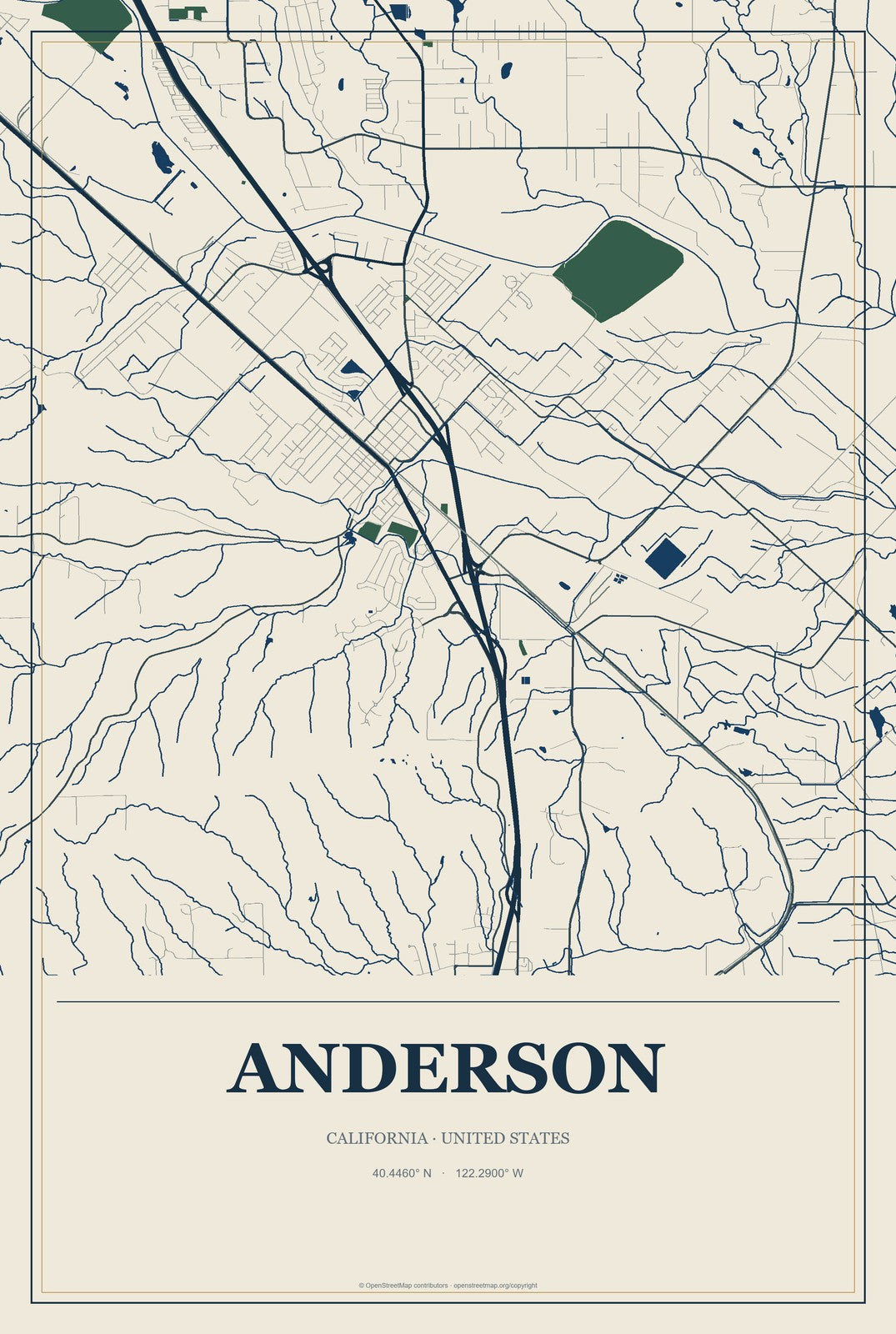 Anderson, California City Map Aluminum Sign in Coastal Cutout style