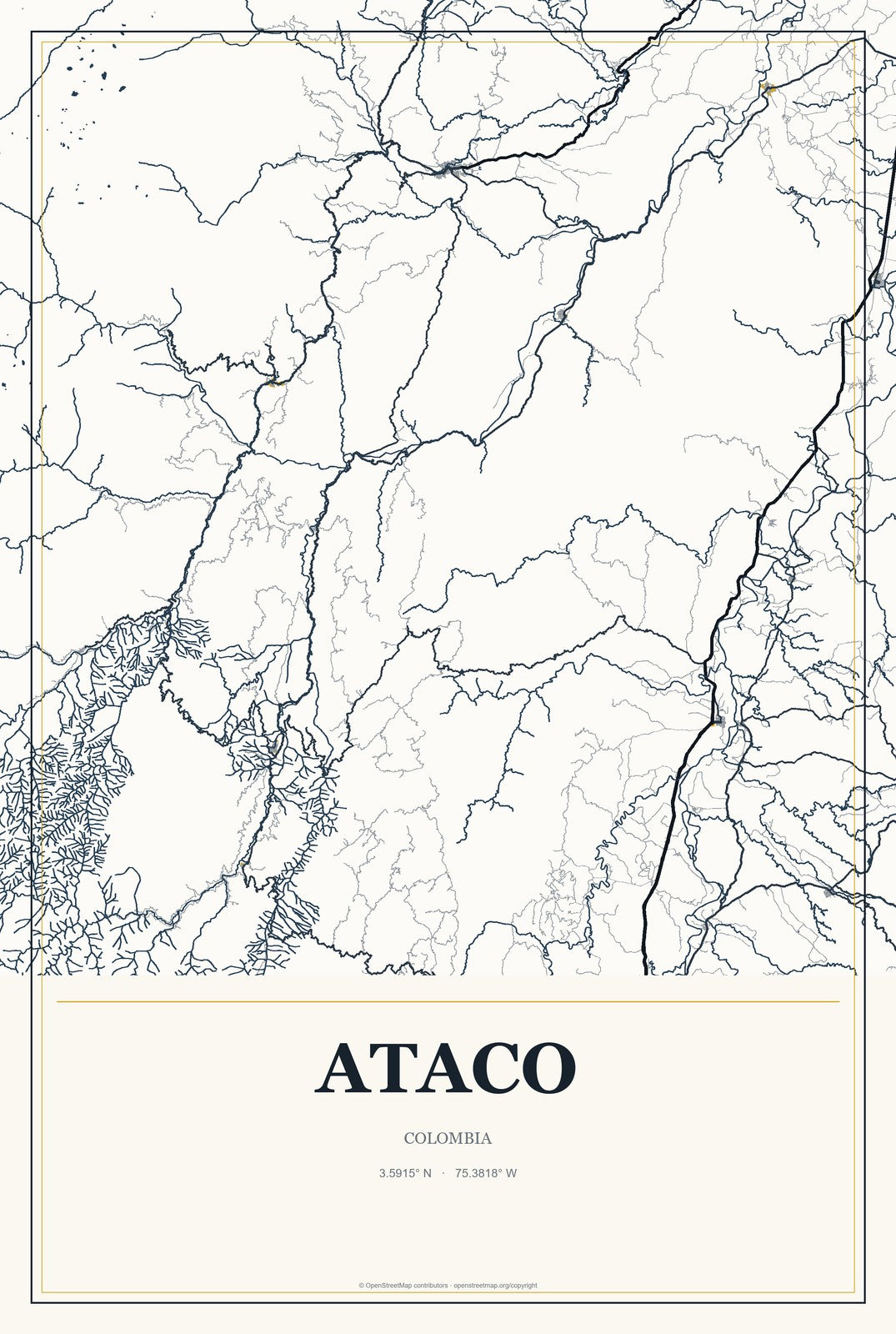 Ataco, Colombia City Map Aluminum Sign in Citrine Modern style