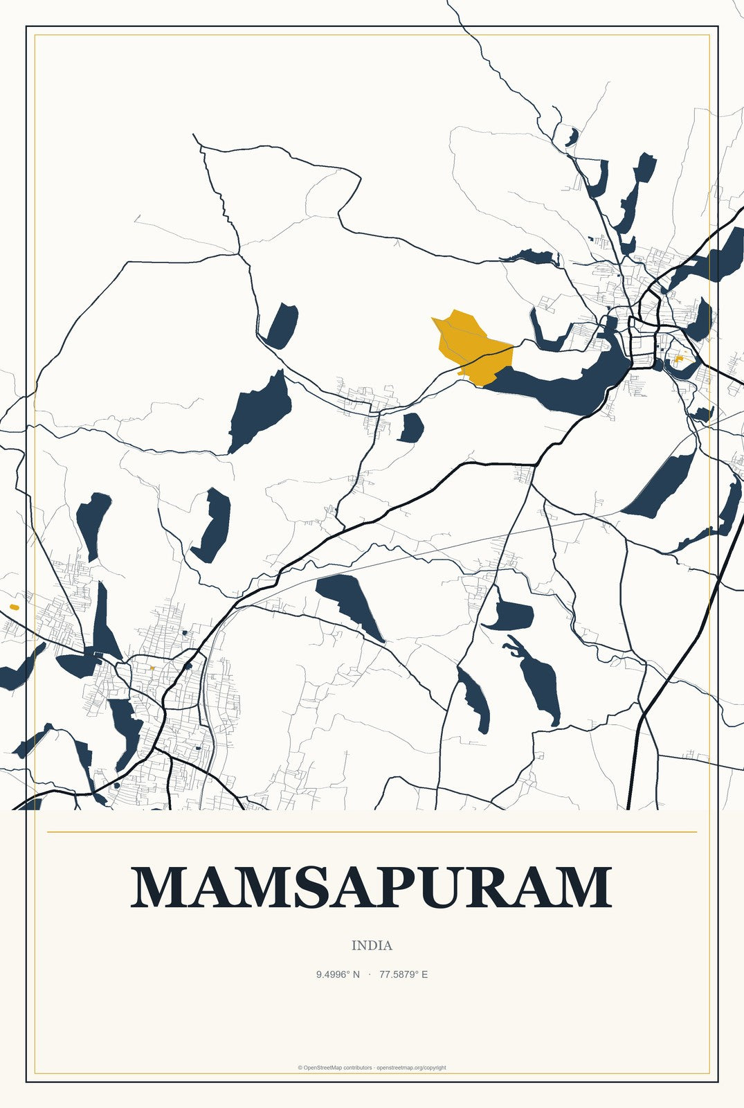 Mamsapuram, India City Map Aluminum Sign in Citrine Modern style