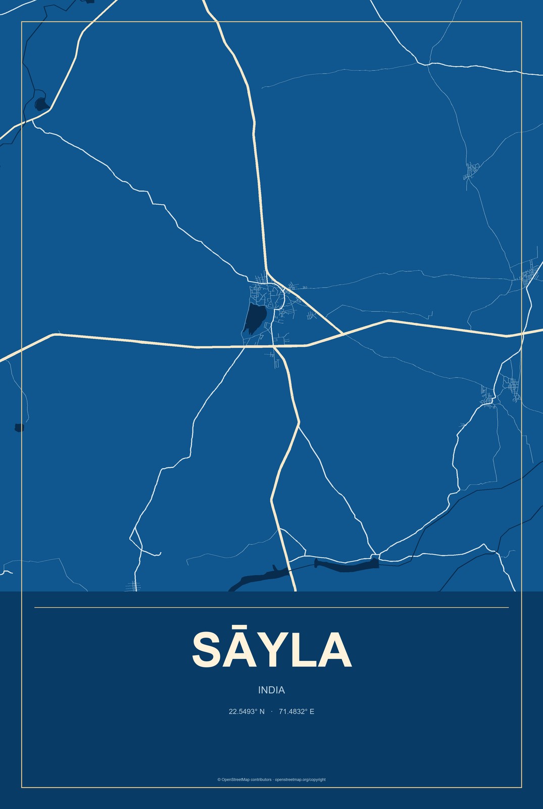 Sāyla, India City Map Aluminum Sign in Harbor Cobalt style