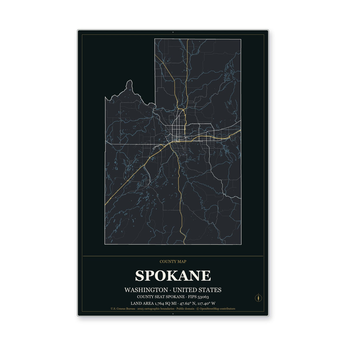 Spokane County, Washington Map Aluminum Sign in Metropolitan Noir style
