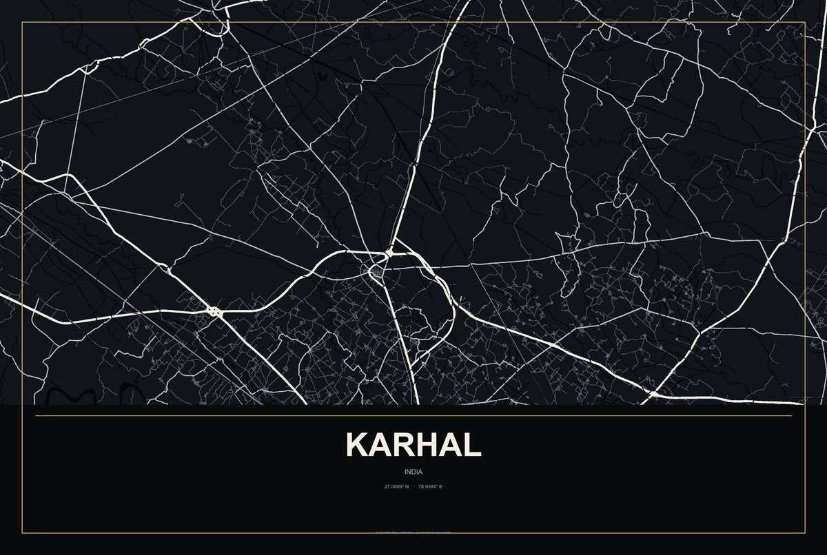 Karhal, India City Map Aluminum Sign in Metropolitan Noir style