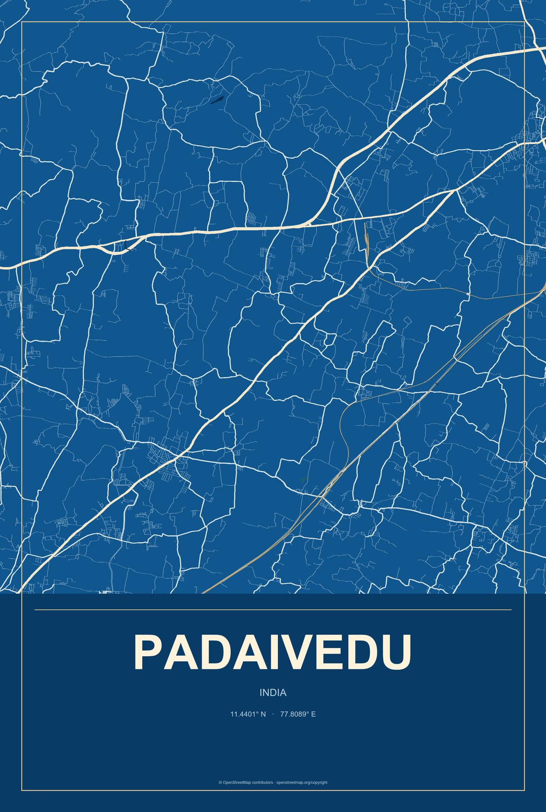 Padaivedu, India City Map Aluminum Sign in Harbor Cobalt style