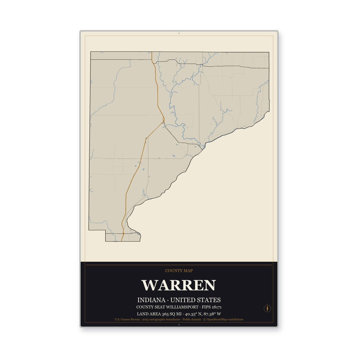 Warren County, Indiana Map Aluminum Sign in Museum Plaque style
