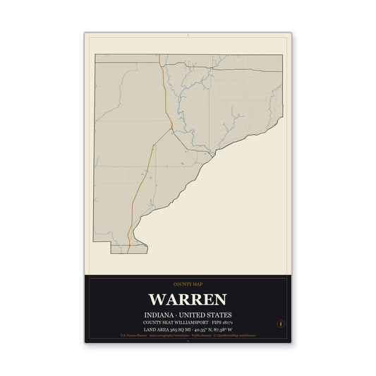 Warren County, Indiana Map Aluminum Sign in Museum Plaque style
