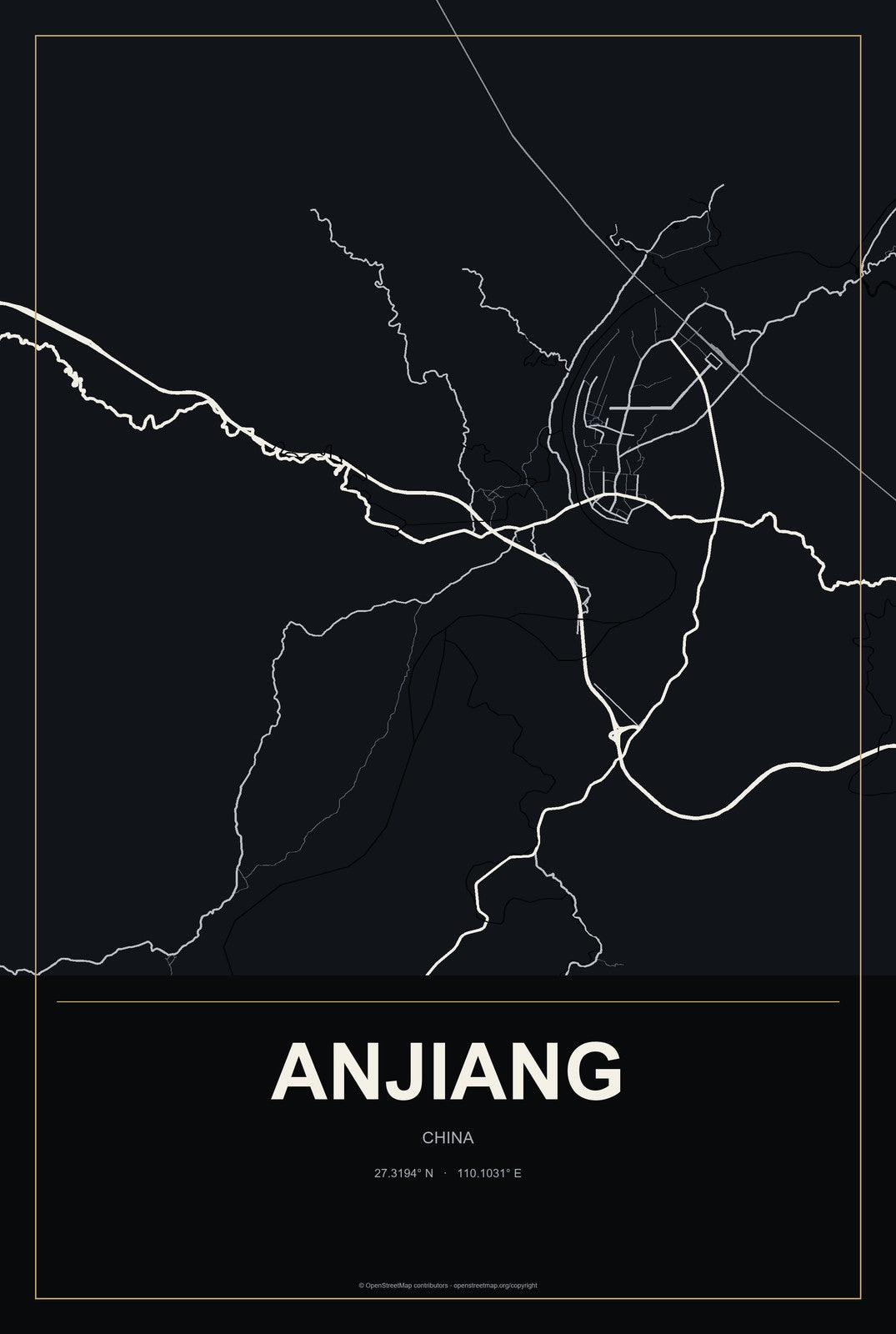 Anjiang, China City Map Aluminum Sign in Metropolitan Noir style