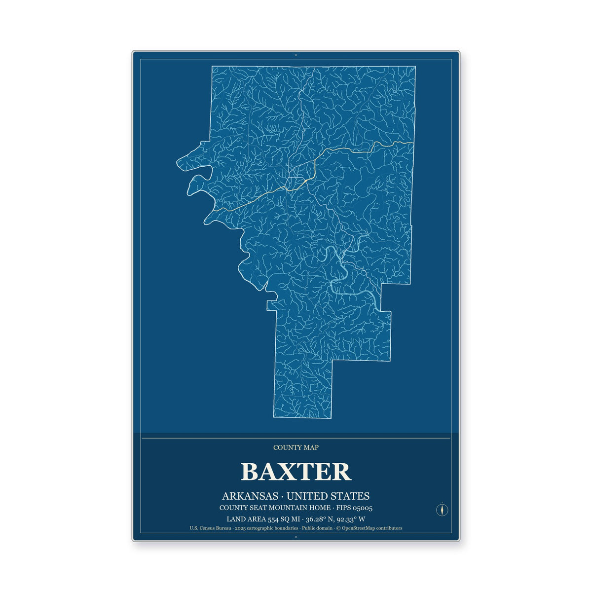Baxter County, Arkansas Map Aluminum Sign in Harbor Cobalt style