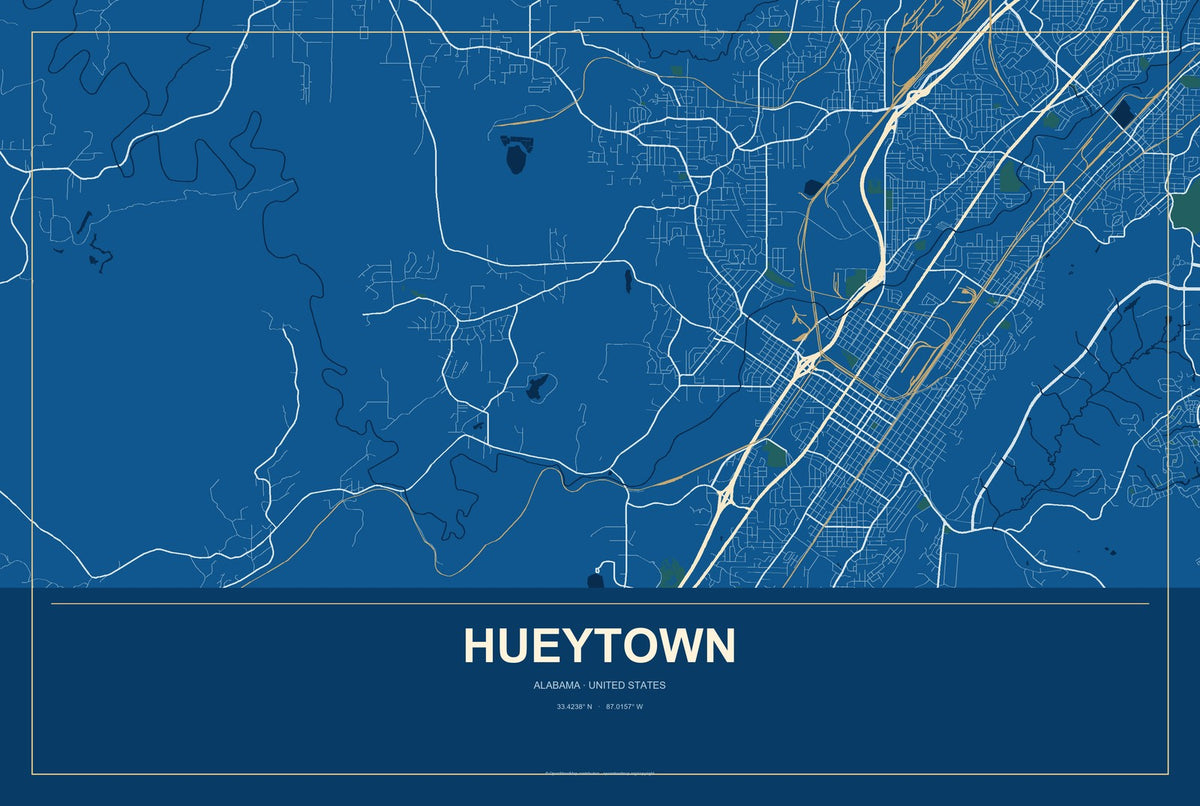 Hueytown, Alabama City Map Aluminum Sign in Harbor Cobalt style