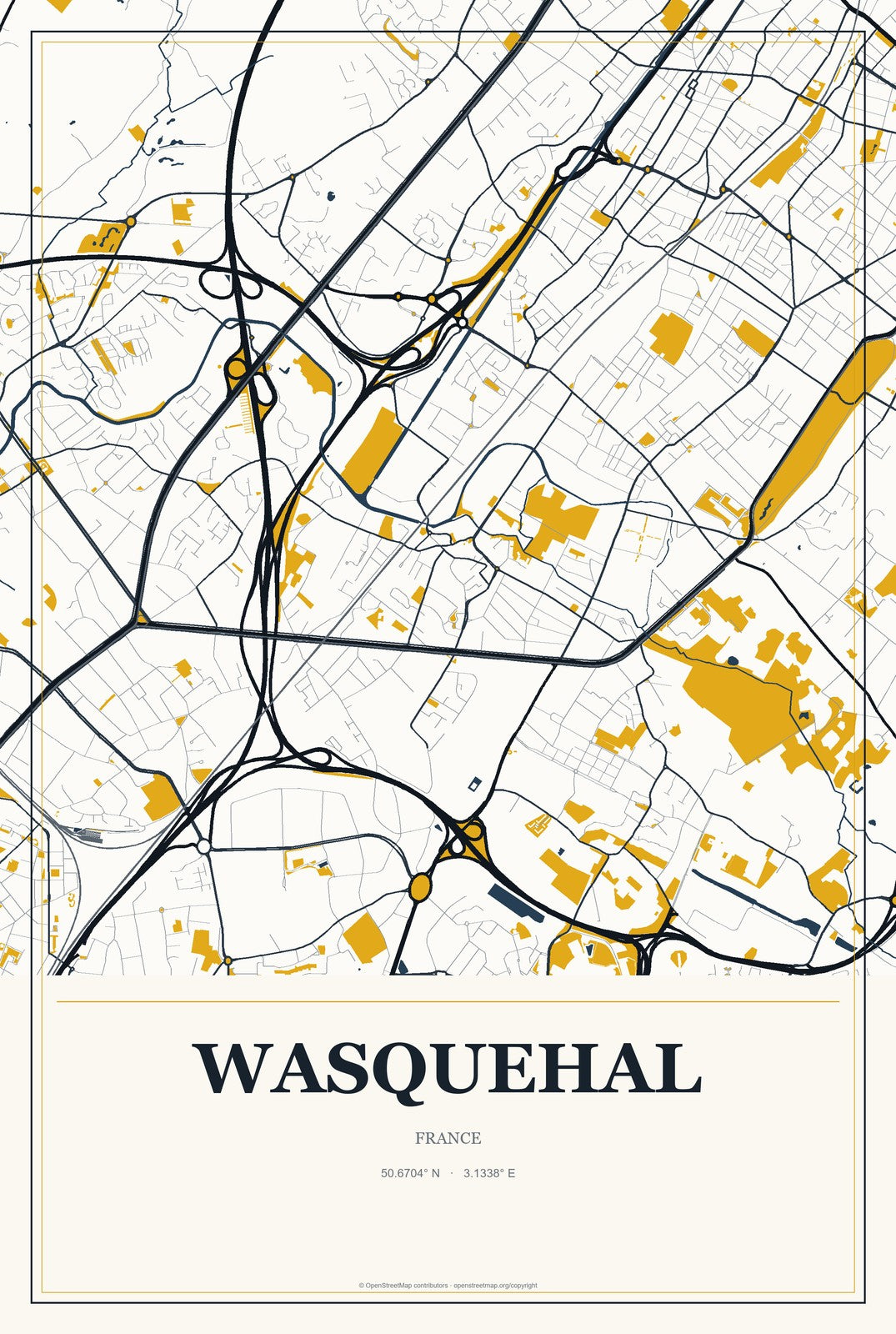 Wasquehal, France City Map Aluminum Sign in Citrine Modern style
