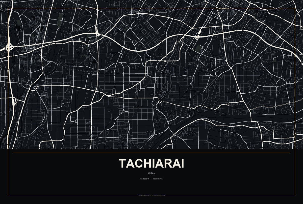 Tachiarai, Japan City Map Aluminum Sign in Metropolitan Noir style