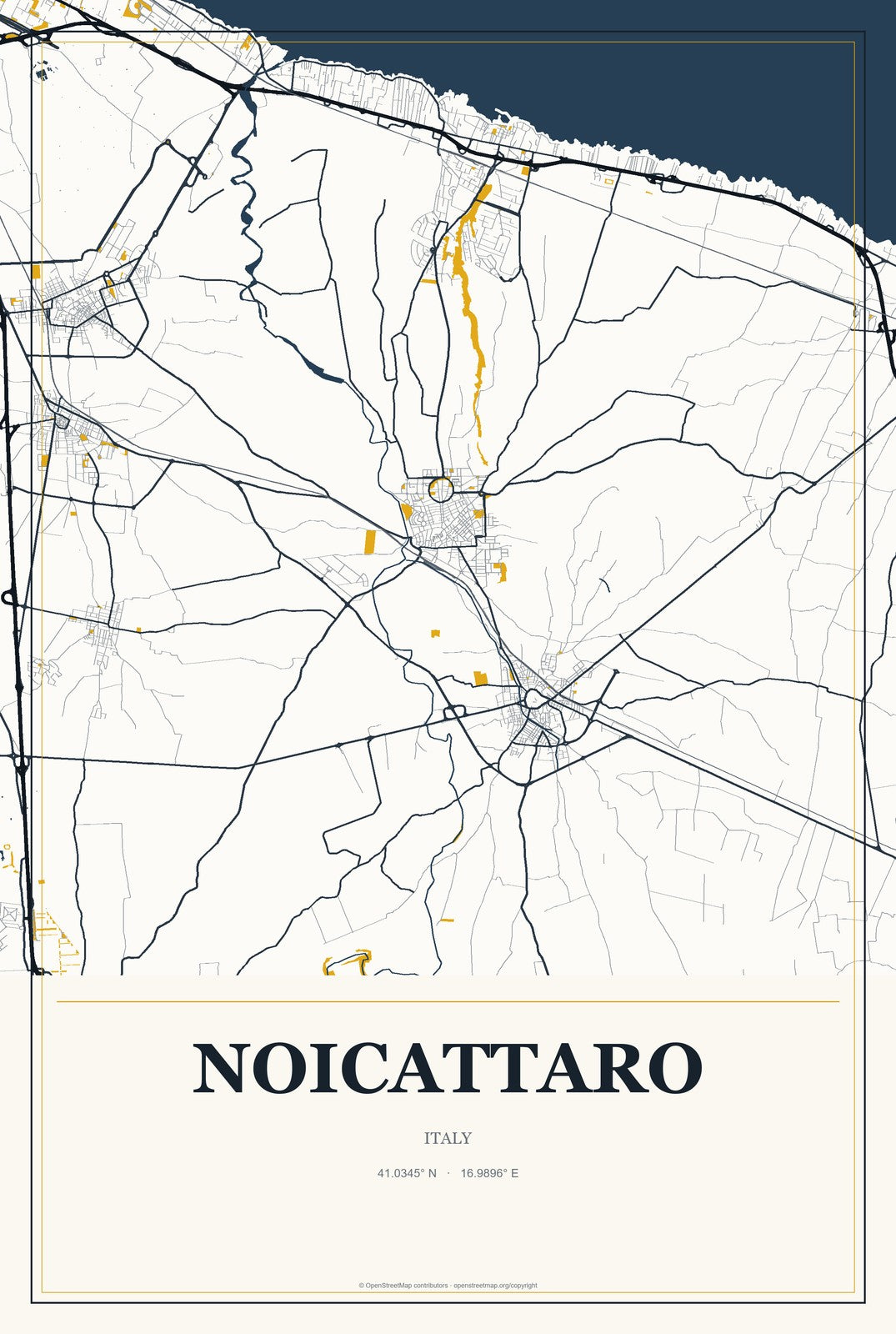 Noicattaro, Italy City Map Aluminum Sign in Citrine Modern style