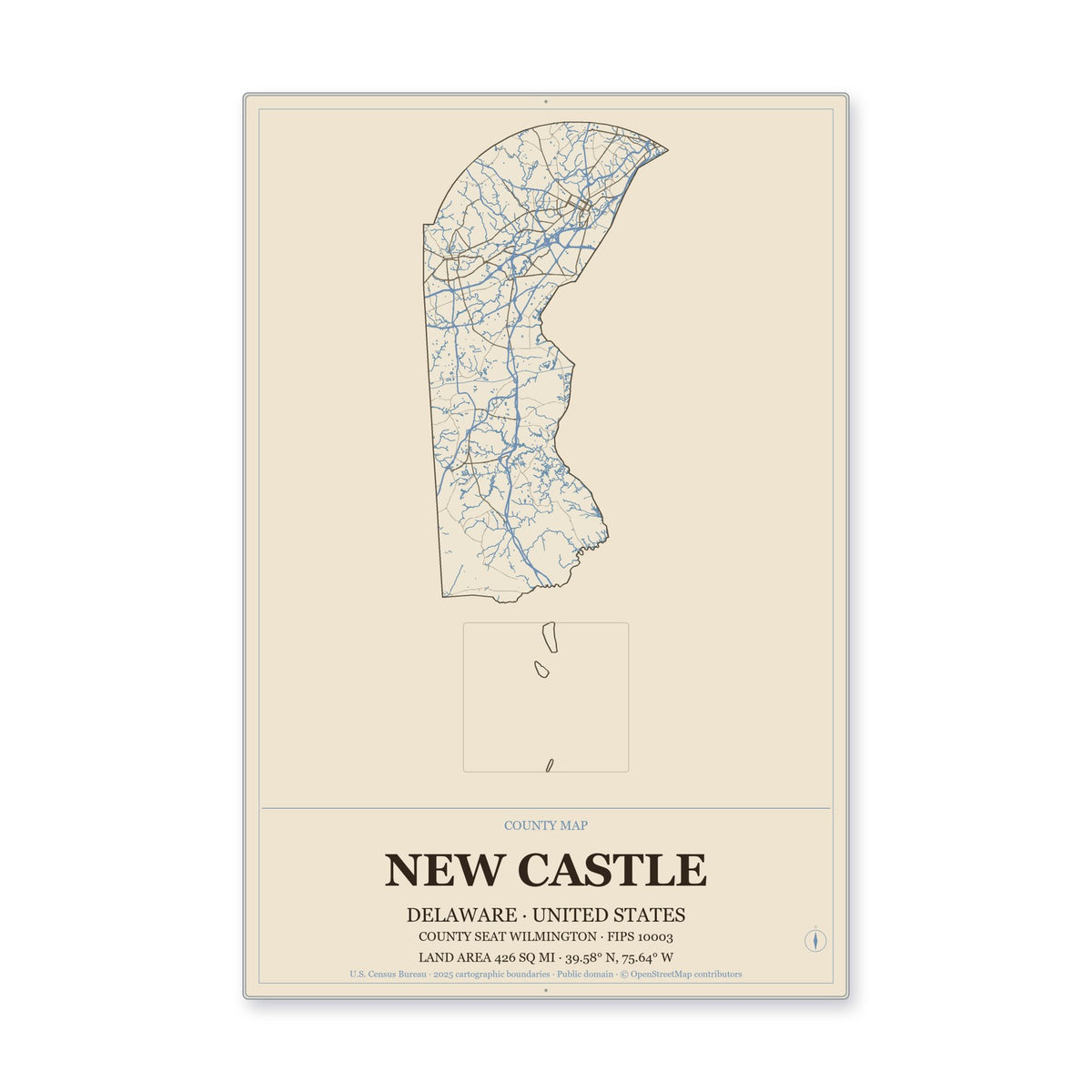 New Castle County, Delaware Map Aluminum Sign in Heritage Nautical style