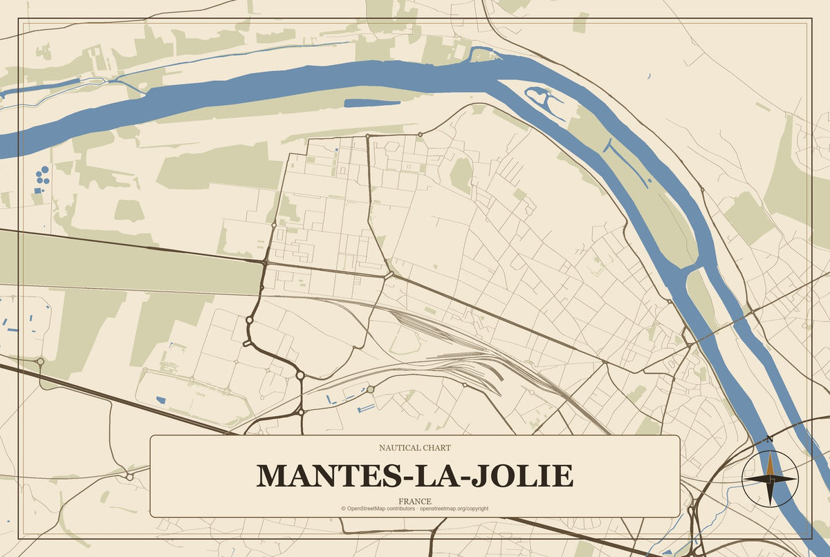 Mantes-la-Jolie, France City Map Aluminum Sign in Heritage Nautical style