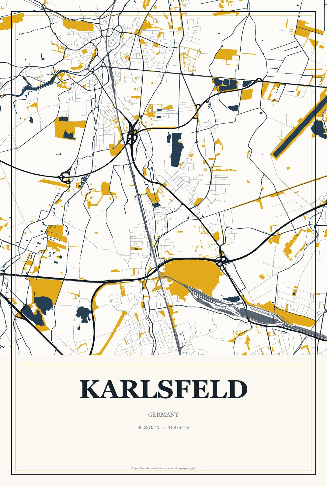 Karlsfeld, Germany City Map Aluminum Sign in Citrine Modern style