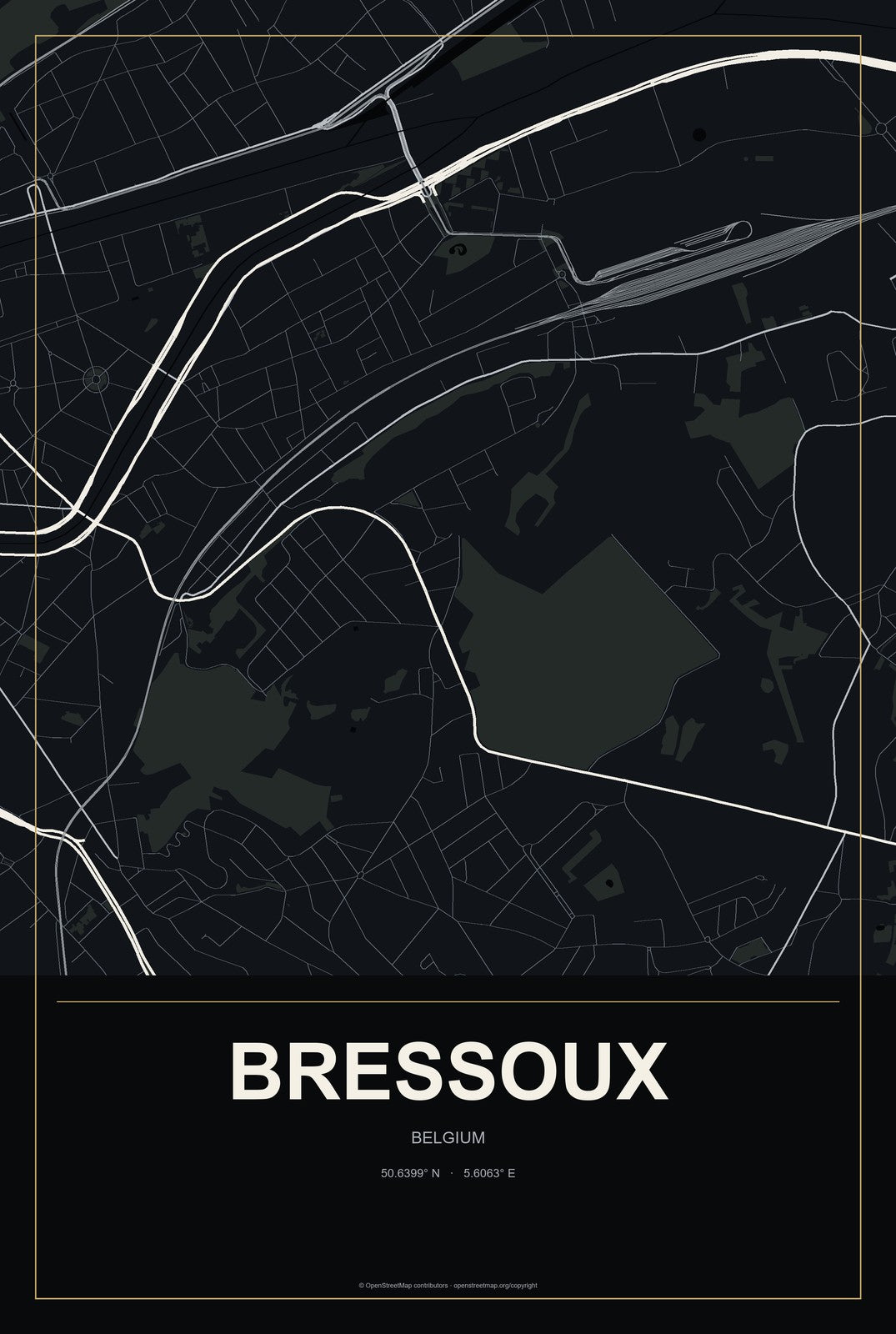 Bressoux, Belgium City Map Aluminum Sign in Metropolitan Noir style