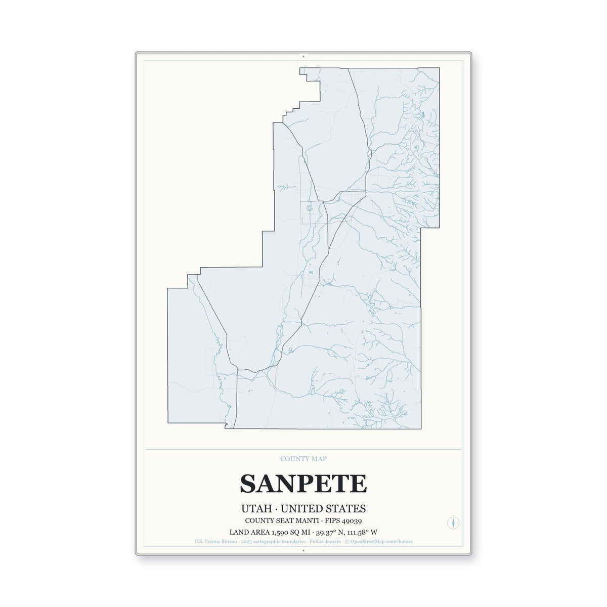 Sanpete County, Utah Map Aluminum Sign in Gallery Air style
