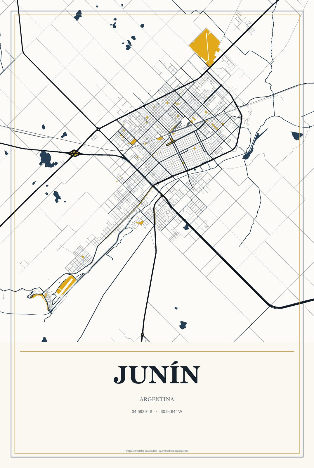Junín, Buenos Aires, Argentina City Map Aluminum Sign in Citrine Modern style