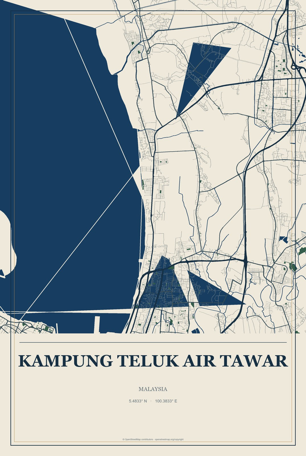 Kampung Teluk Air Tawar, Malaysia City Map Aluminum Sign in Coastal Cutout style