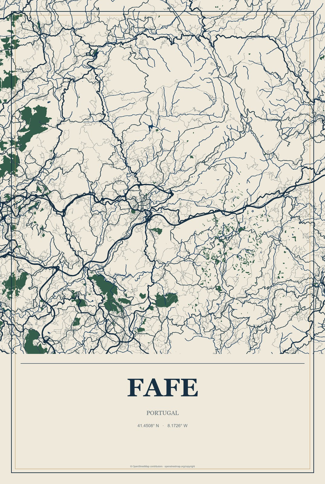 Fafe, Portugal City Map Aluminum Sign in Coastal Cutout style