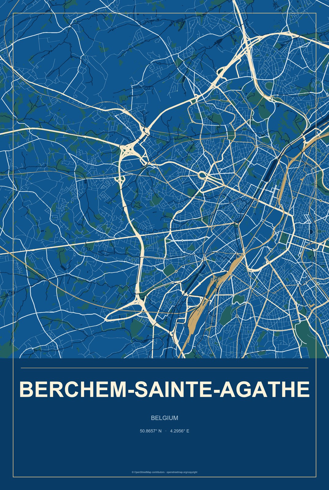 Berchem-Sainte-Agathe, Belgium City Map Aluminum Sign in Harbor Cobalt style