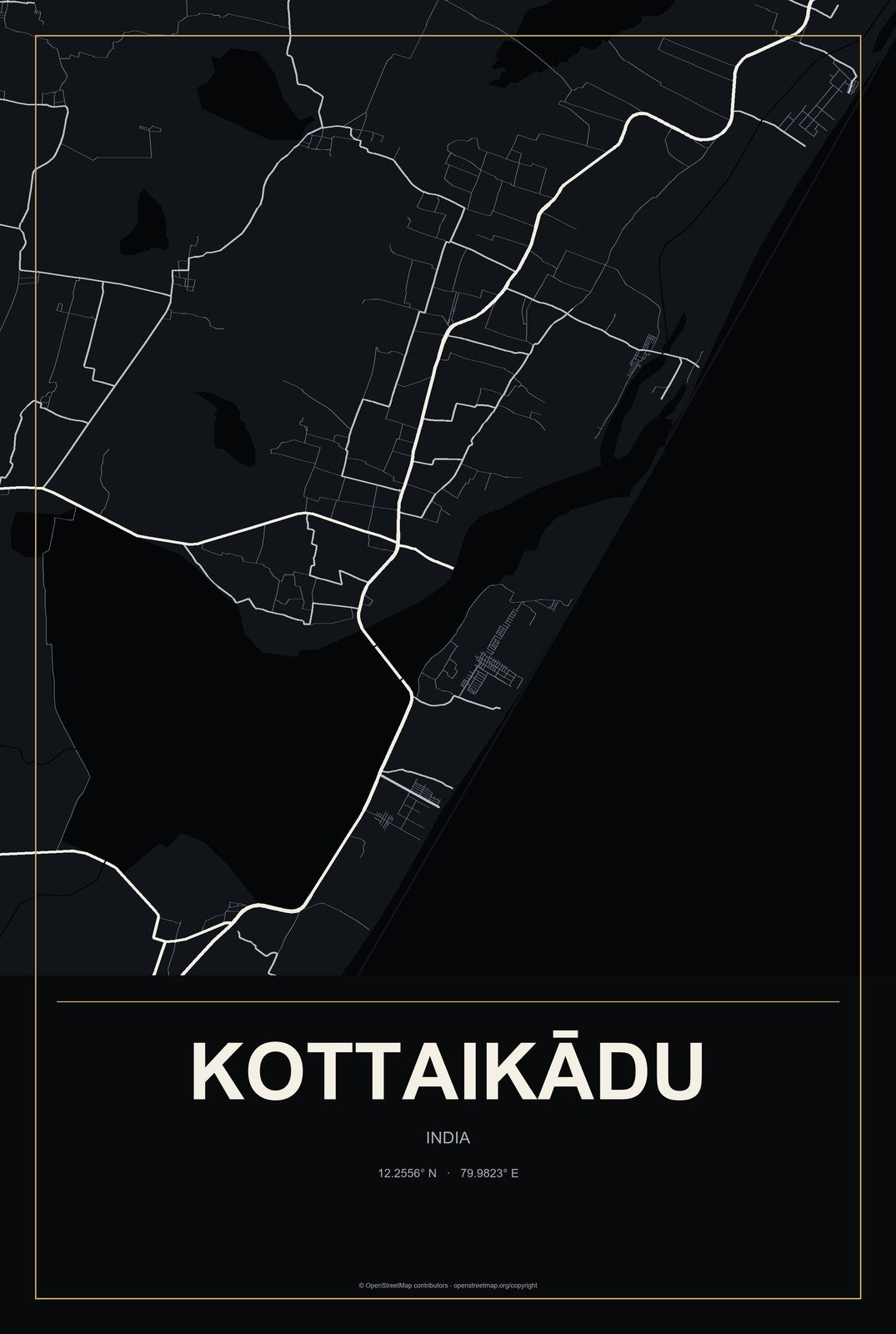 Kottaikādu, India City Map Aluminum Sign in Metropolitan Noir style