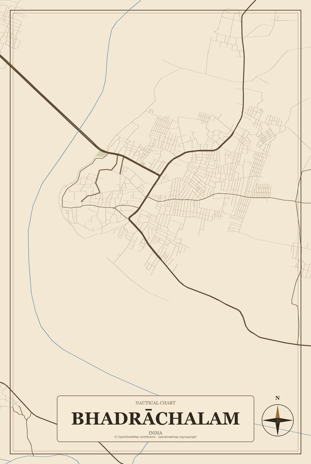 Bhadrāchalam, India City Map Aluminum Sign in Heritage Nautical style