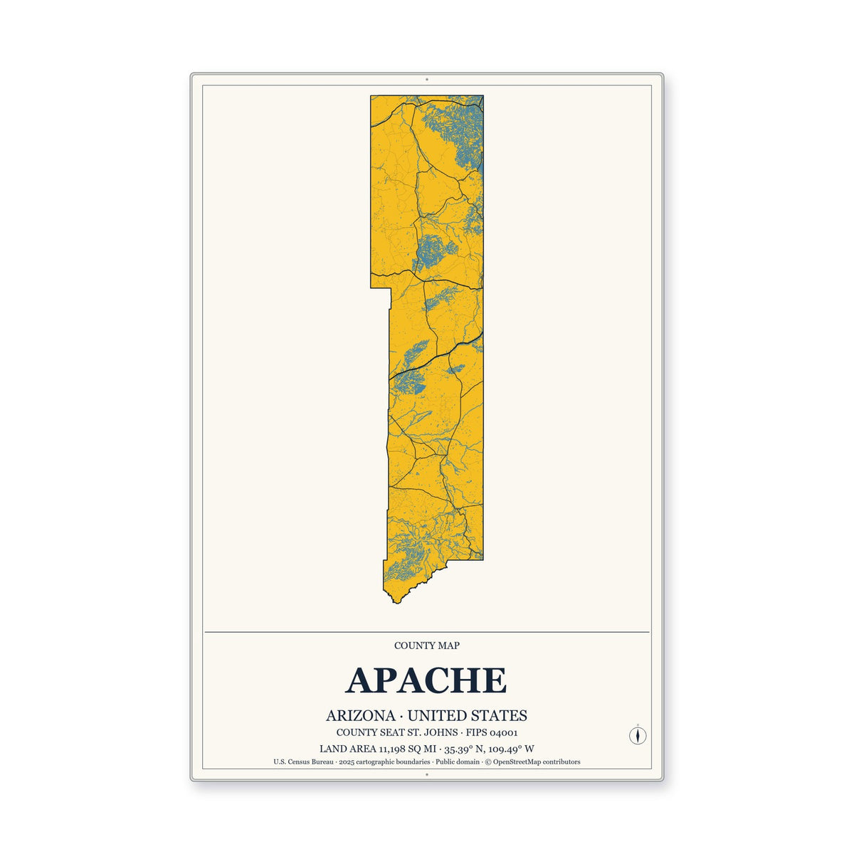 Apache County, Arizona Map Aluminum Sign in Citrine Modern style