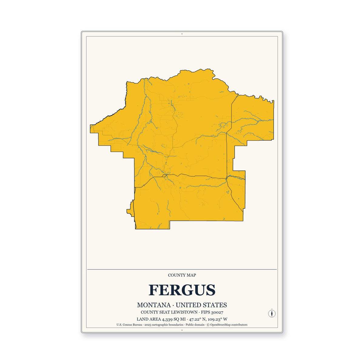 Fergus County, Montana Map Aluminum Sign in Citrine Modern style