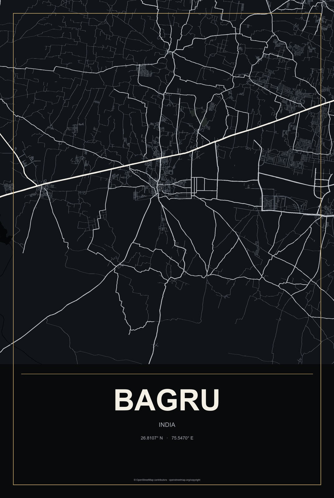 Bagru, India City Map Aluminum Sign in Metropolitan Noir style