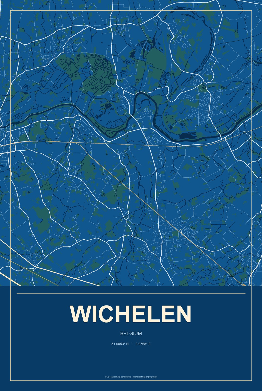 Wichelen, Belgium City Map Aluminum Sign in Harbor Cobalt style