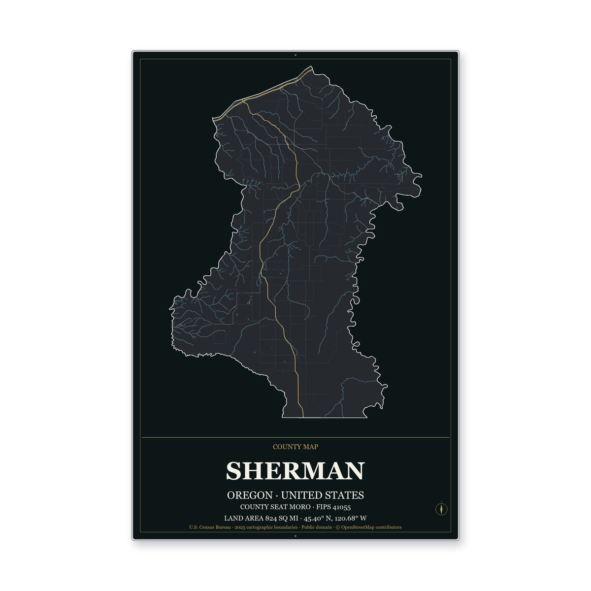 Sherman County, Oregon Map Aluminum Sign in Metropolitan Noir style