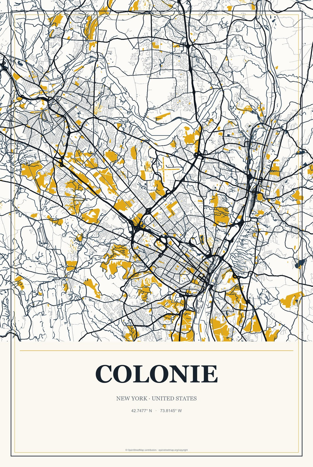Colonie, New York City Map Aluminum Sign in Citrine Modern style