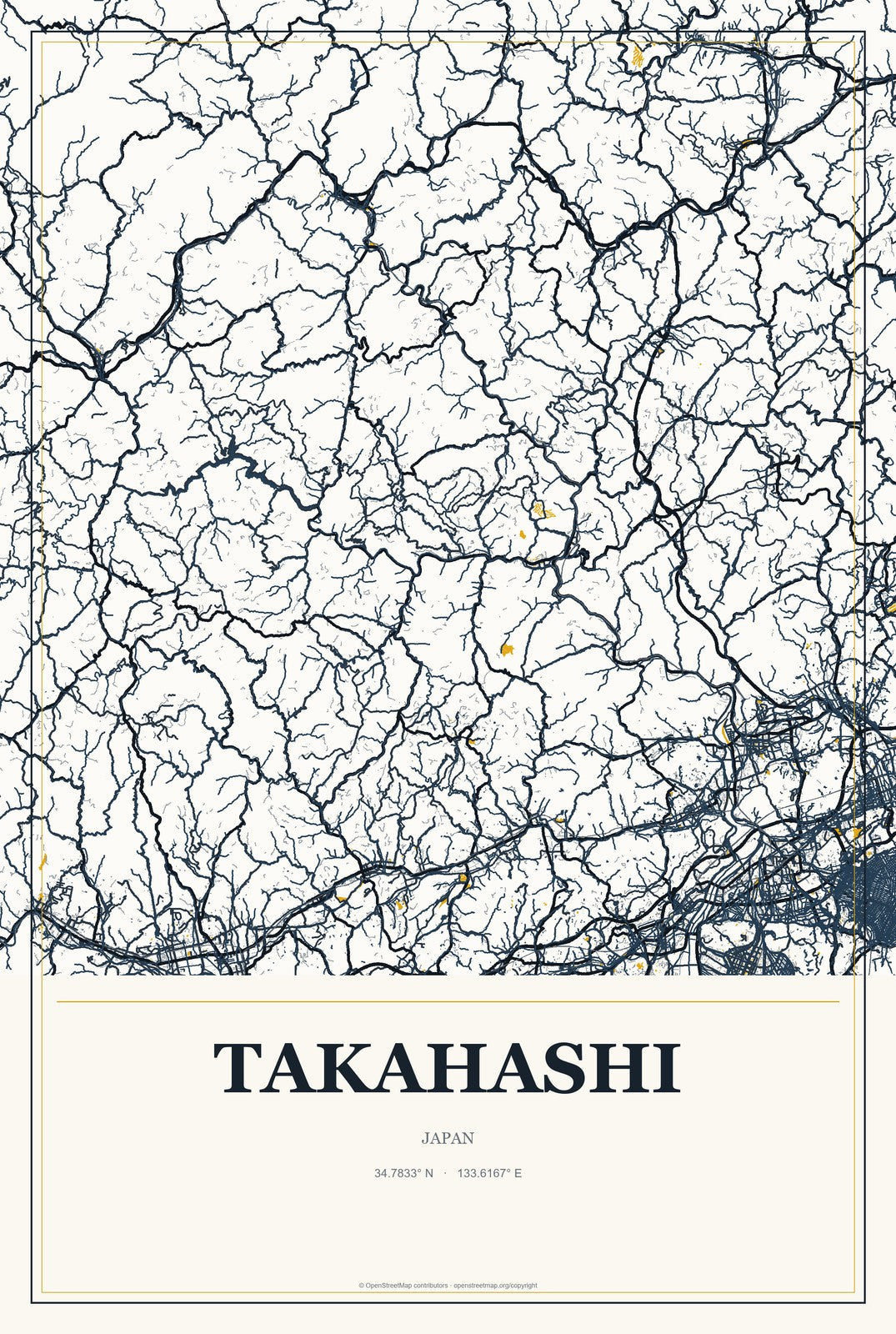Takahashi, Japan City Map Aluminum Sign in Citrine Modern style