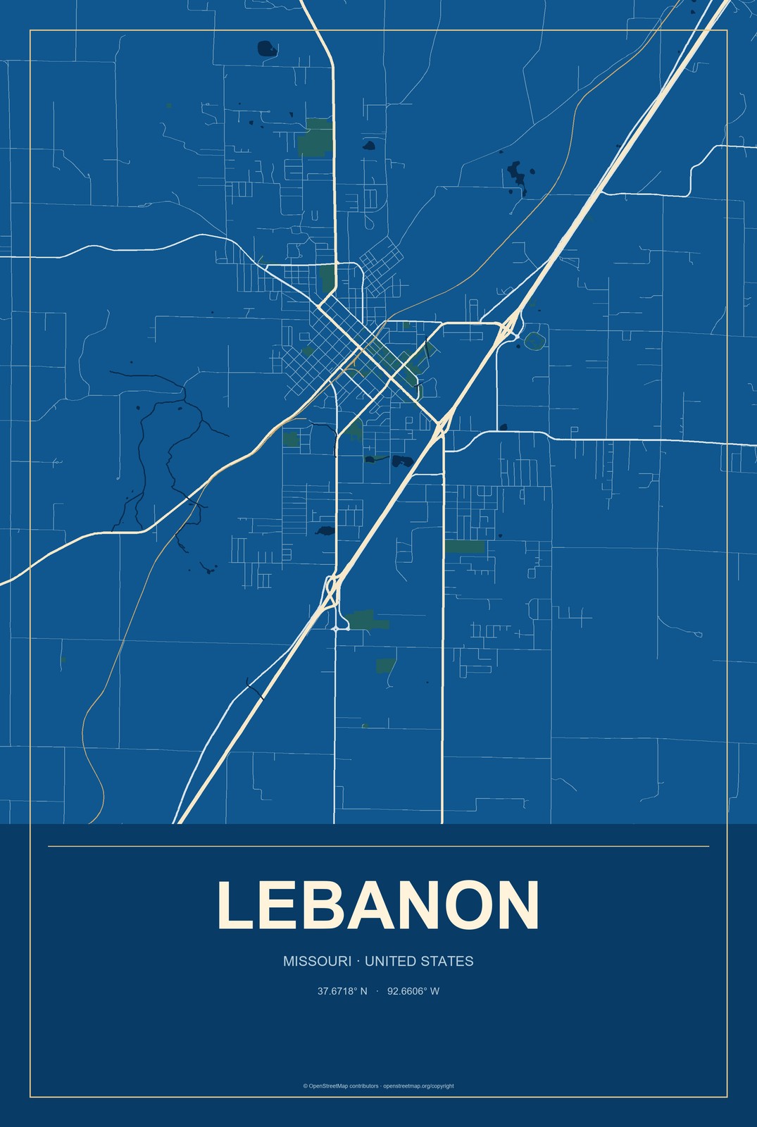 Lebanon, Missouri City Map Aluminum Sign in Harbor Cobalt style