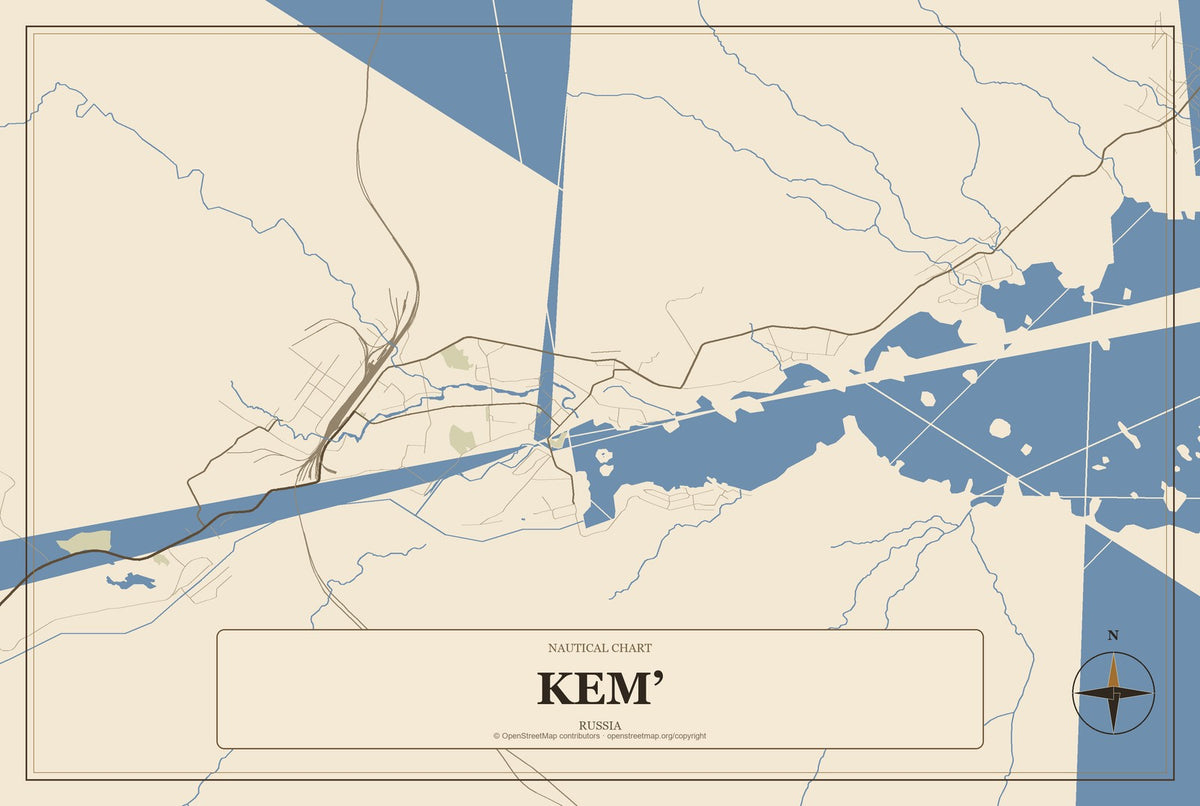 Kem’, Russia City Map Aluminum Sign in Heritage Nautical style