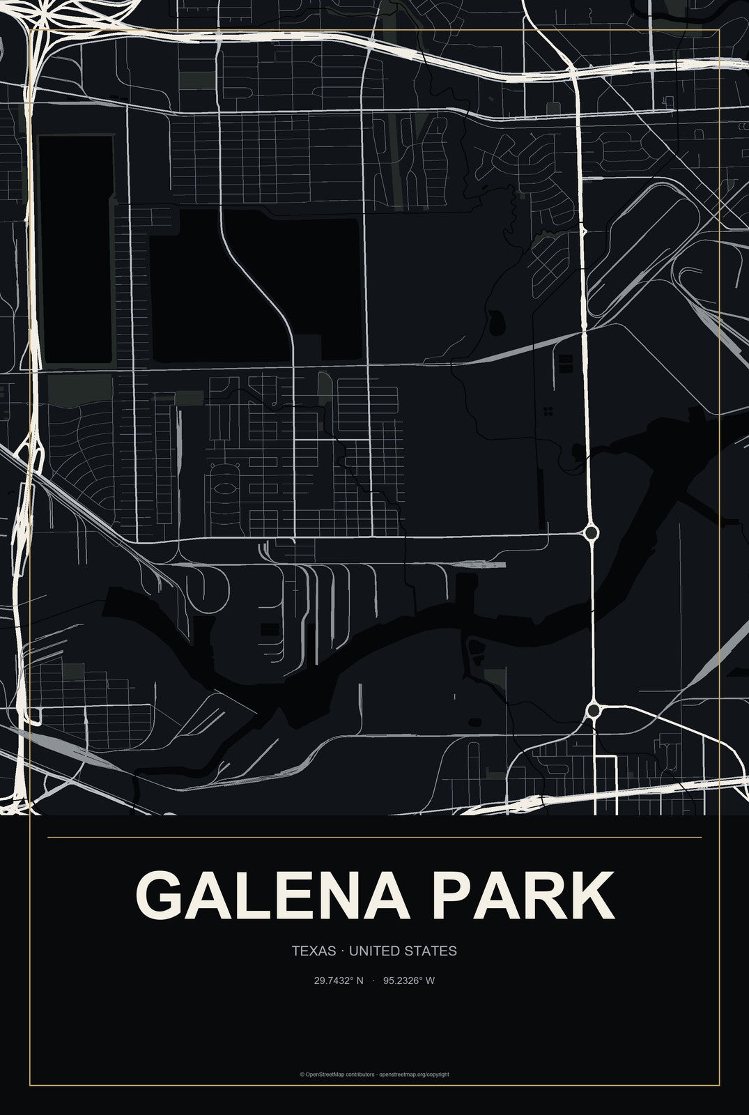 Galena Park, Texas City Map Aluminum Sign in Metropolitan Noir style