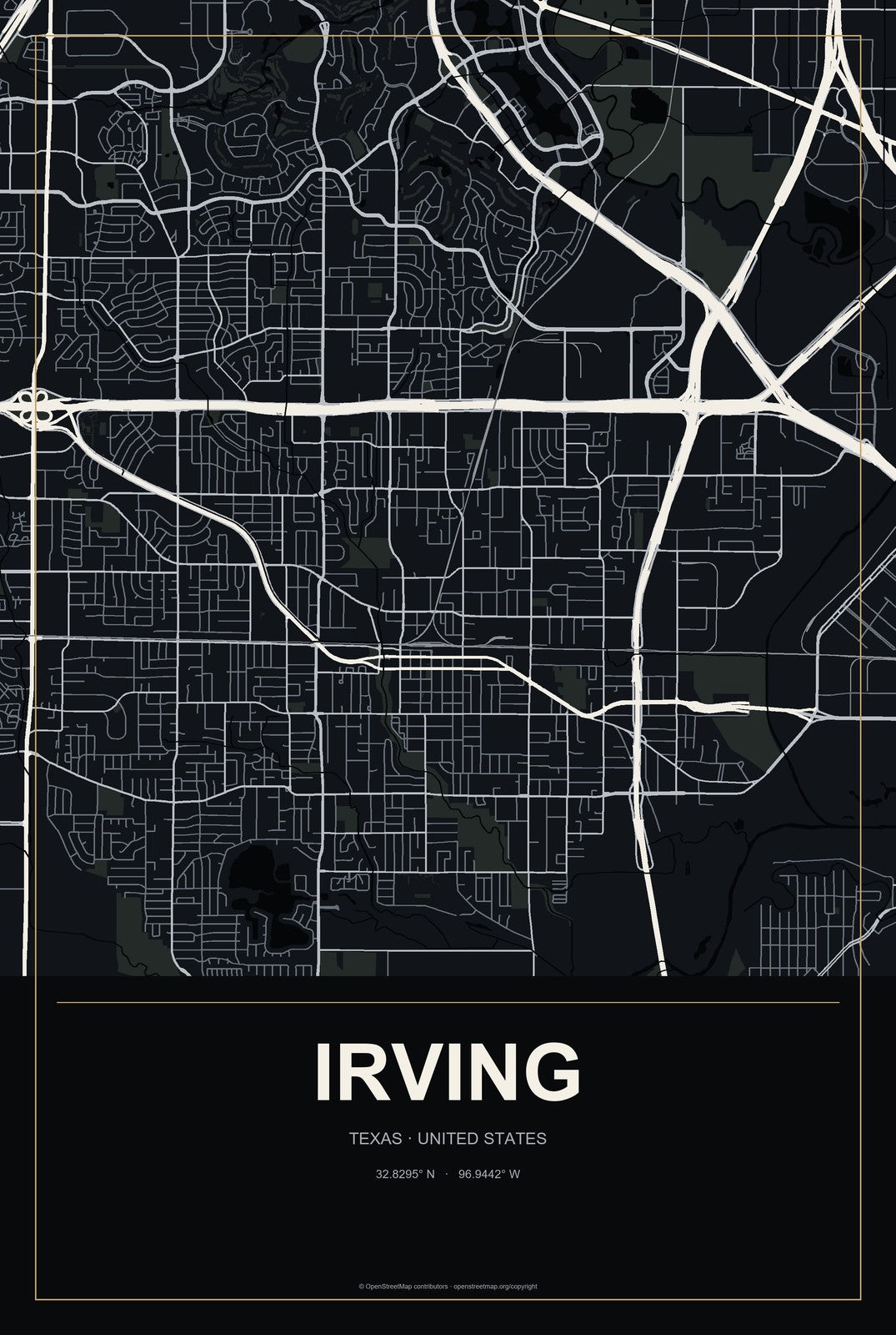 Irving, Texas City Map Aluminum Sign in Metropolitan Noir style