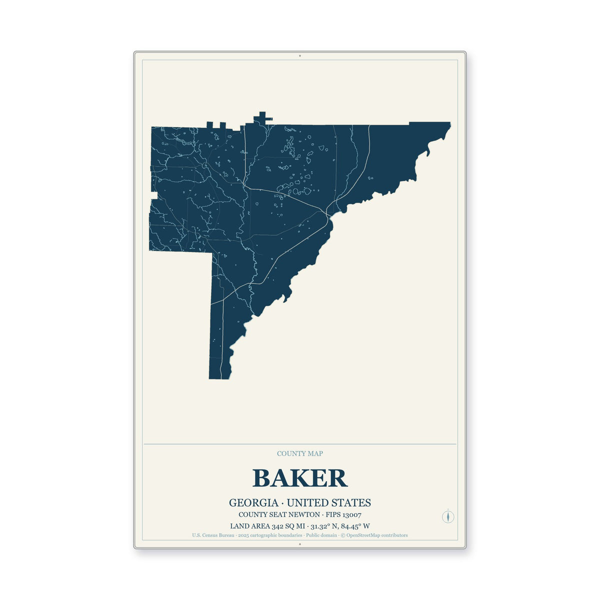 Baker County, Georgia Map Aluminum Sign in Coastal Cutout style