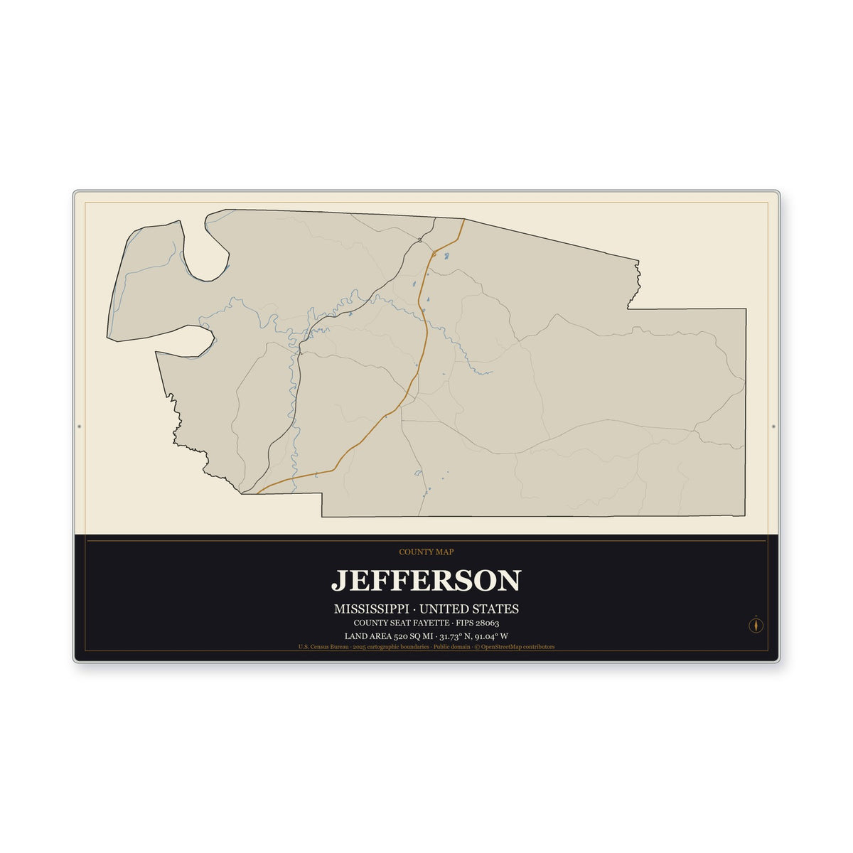 Jefferson County, Mississippi Map Aluminum Sign in Museum Plaque style