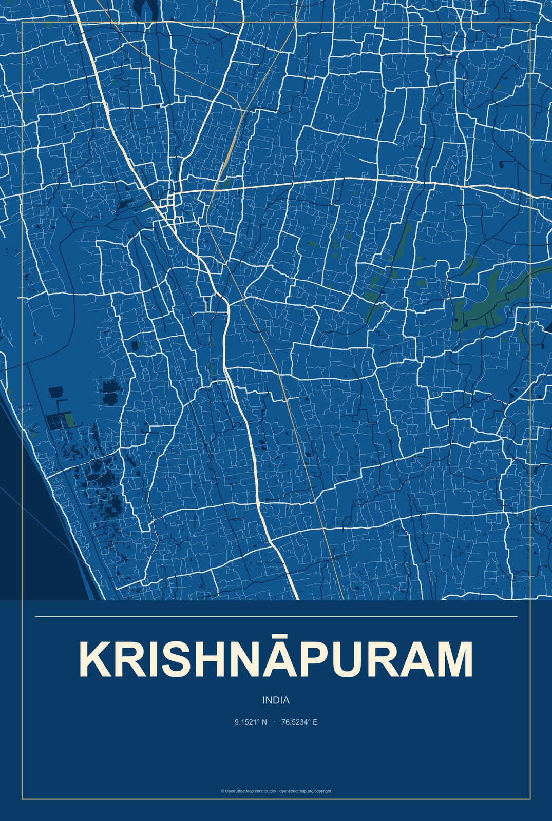 Krishnāpuram, India City Map Aluminum Sign in Harbor Cobalt style