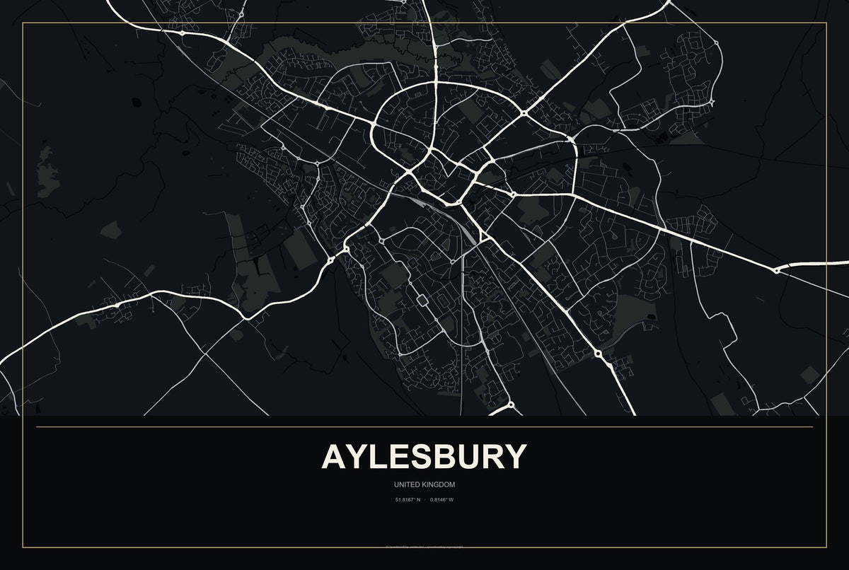 Aylesbury, United Kingdom City Map Aluminum Sign in Metropolitan Noir style