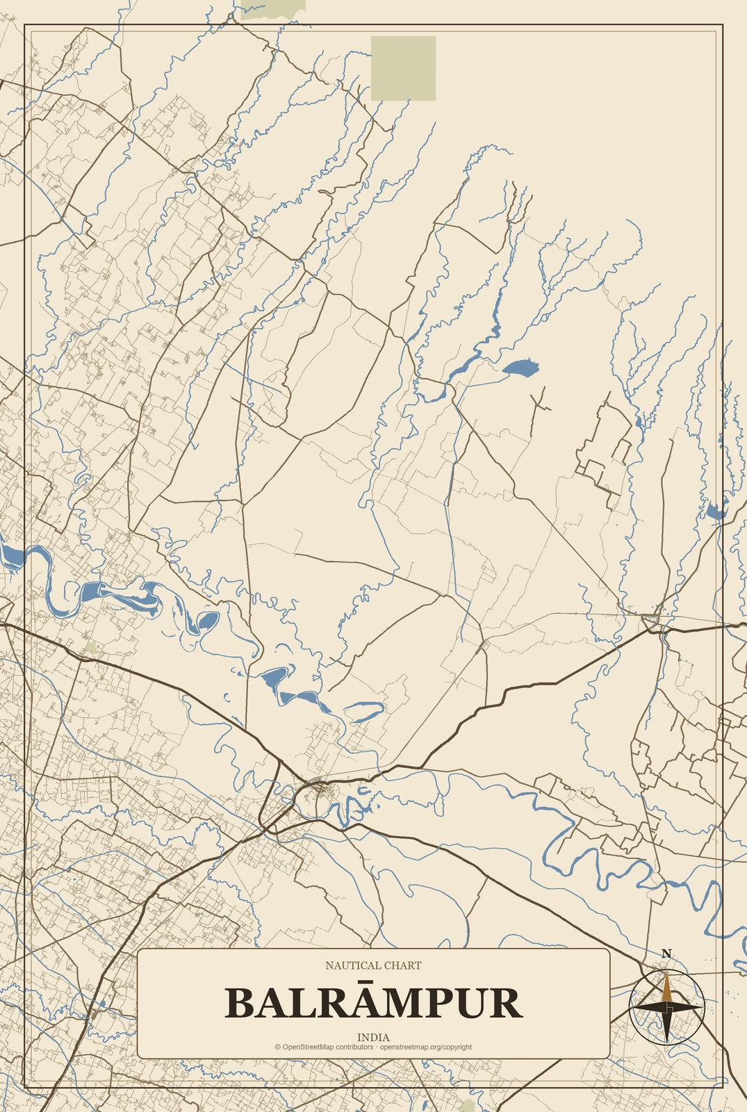 Balrāmpur, India City Map Aluminum Sign in Heritage Nautical style