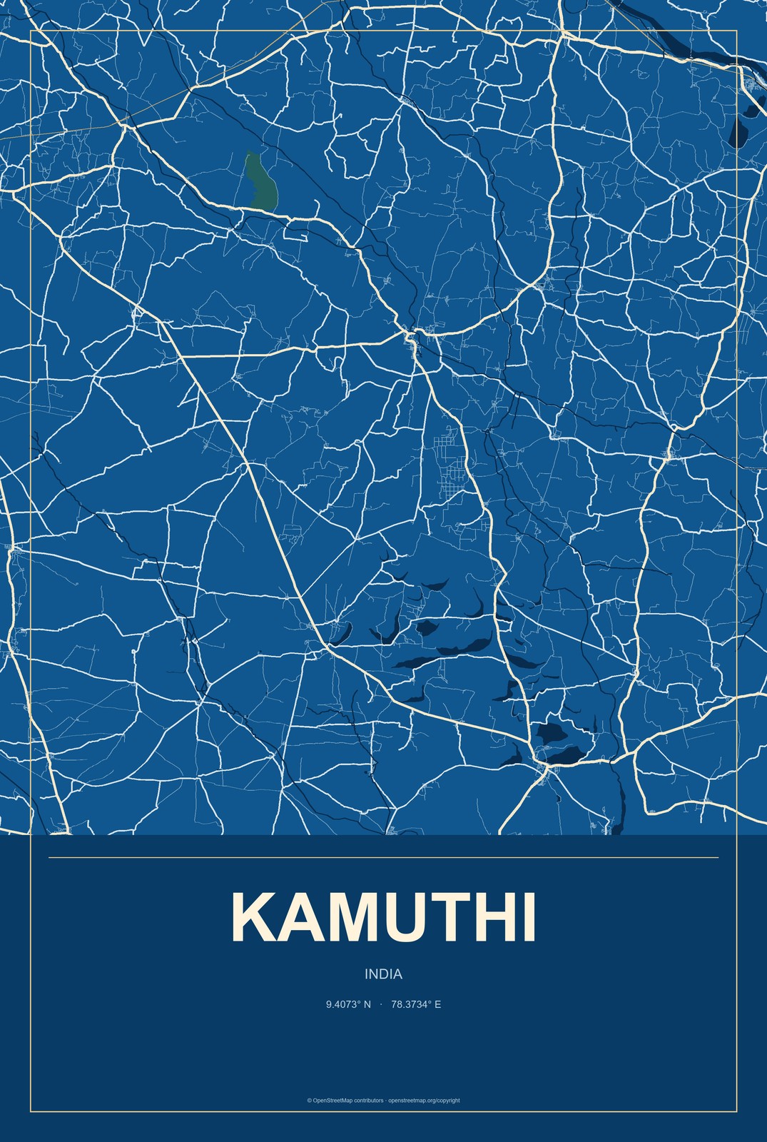Kamuthi, India City Map Aluminum Sign in Harbor Cobalt style