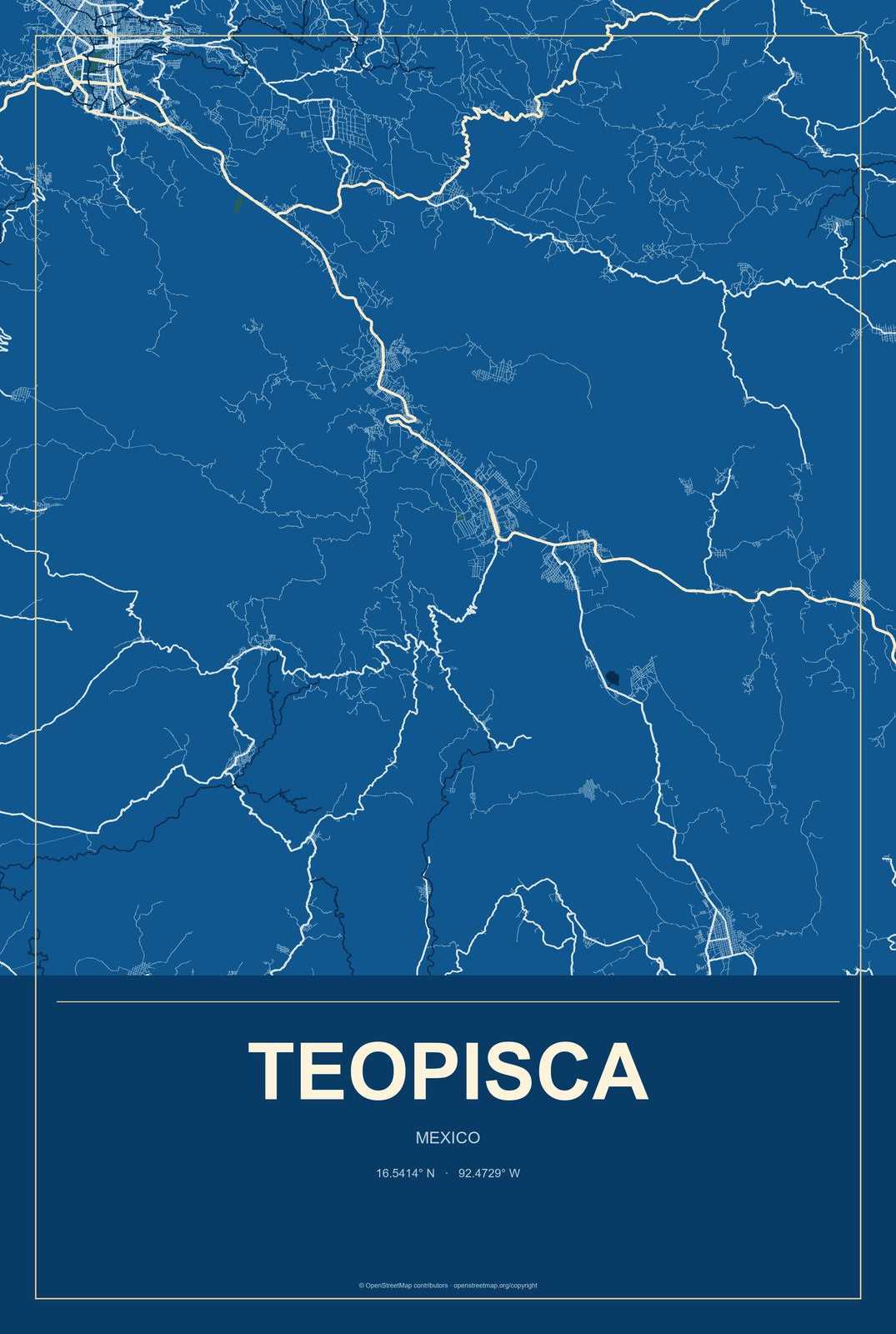 Teopisca, Mexico City Map Aluminum Sign in Harbor Cobalt style