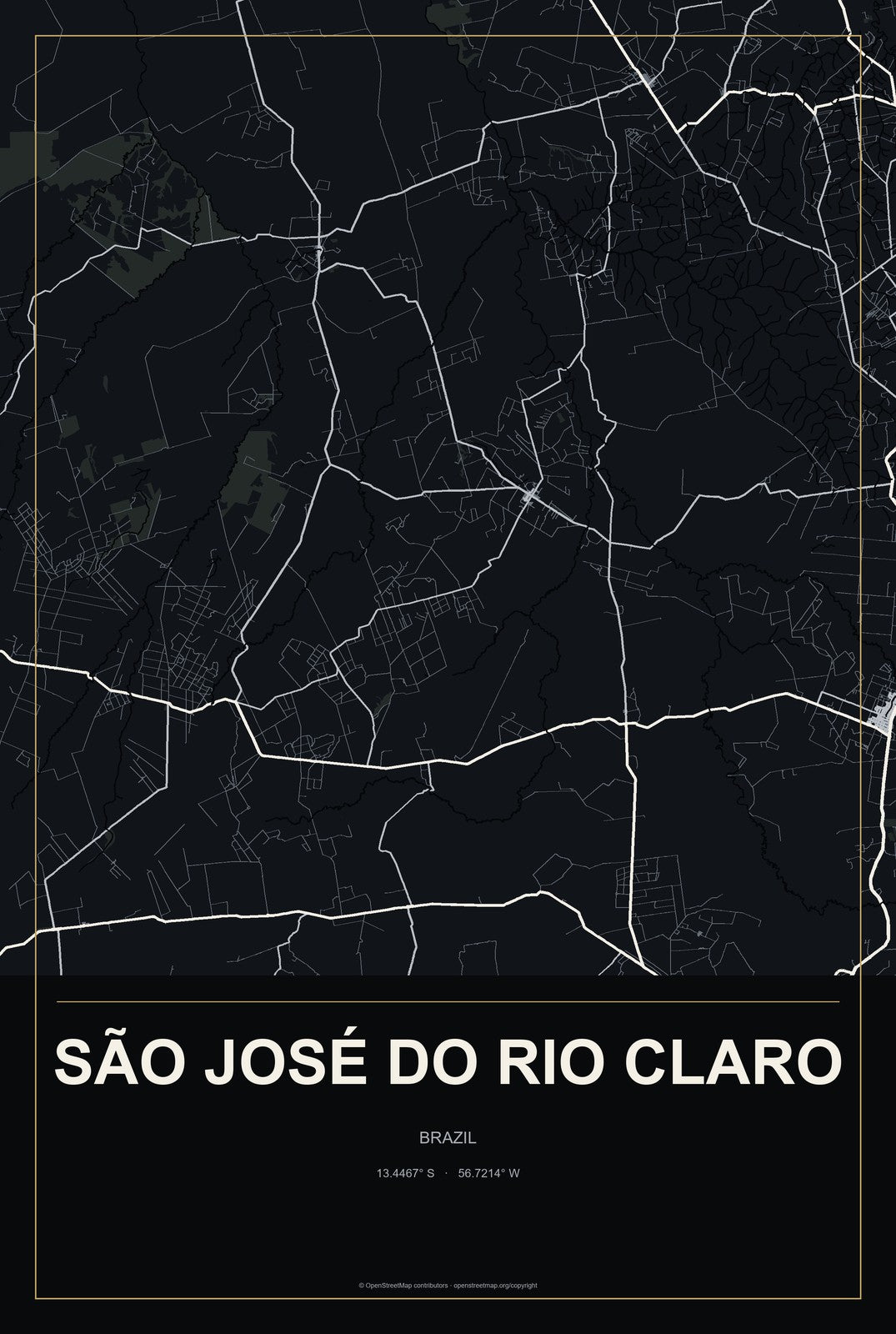 São José do Rio Claro, Brazil City Map Aluminum Sign in Metropolitan Noir style